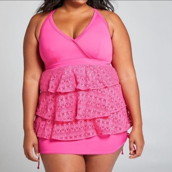 Cacique Other - Swim By Cacique Bubblegum Pink Crochet Tankini Top Size 22 (5767)